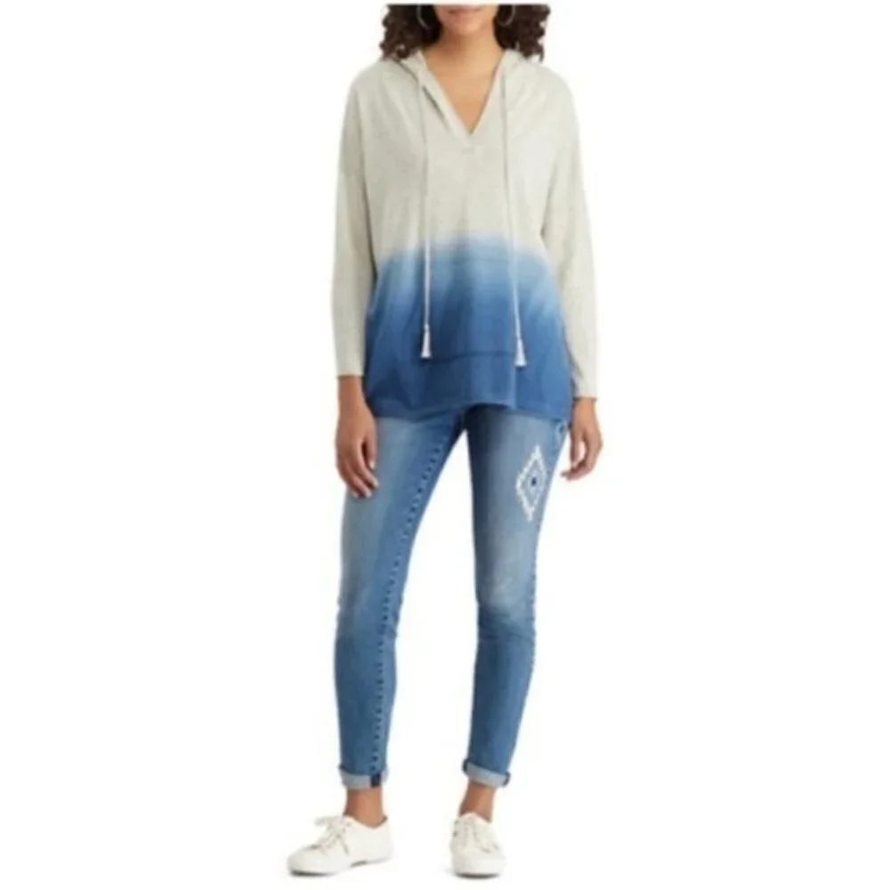 Chaps Womens Blue Ombre Tie Dyed Long Sleeve Pull Over Kangaroo Hoodie Sz S New